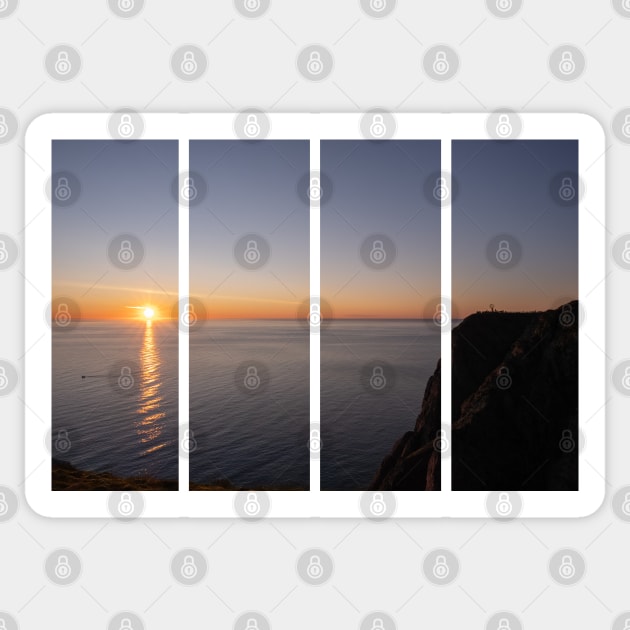 Wonderful landscapes in Norway. Nord-Norge. Beautiful scenery of a midnight sun sunset at Nordkapp (Cape North). Boat and globe on a cliff. Rippled sea and clear orange sky. Sticker by fabbroni-art